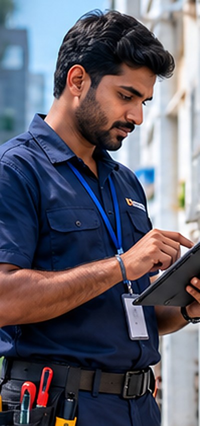 Field technician updating a service job on a tablet